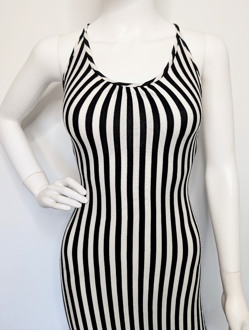 Y2K Black & White Striped Bodycon Open Back Strappy Scoop Neck Maxi Dress - Picture 4 of 12